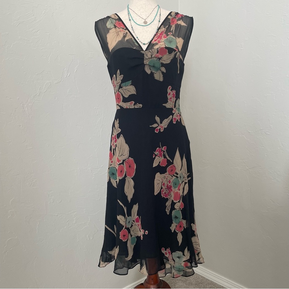 Anne Klein 100% Silk Floral Black Dress Hi-Lo Hem Sheer Size 6 Gown Wedding Date